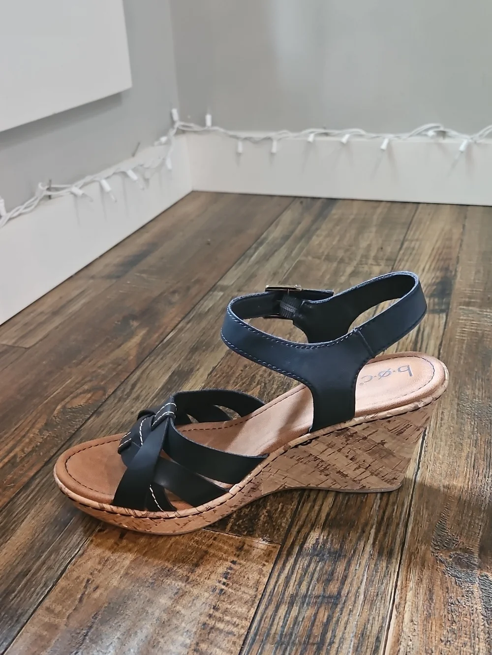 b.o.c Black‎ Leather Women's Cork Wedge Sandals - Ankle Strap Slingback